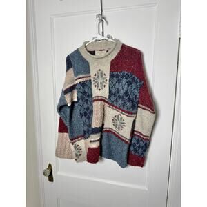 Vintage 90s AEO Patchwork Hand Knit Wool Blend Rolled Neck Jumper Sweater Small
